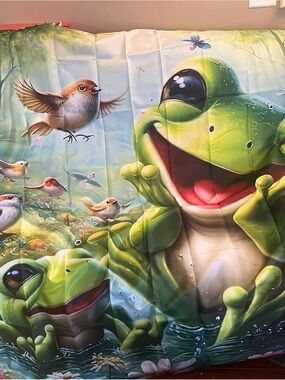 Frogs with birds shower curtain w/matching bathmat, toilet mat & toilet cover